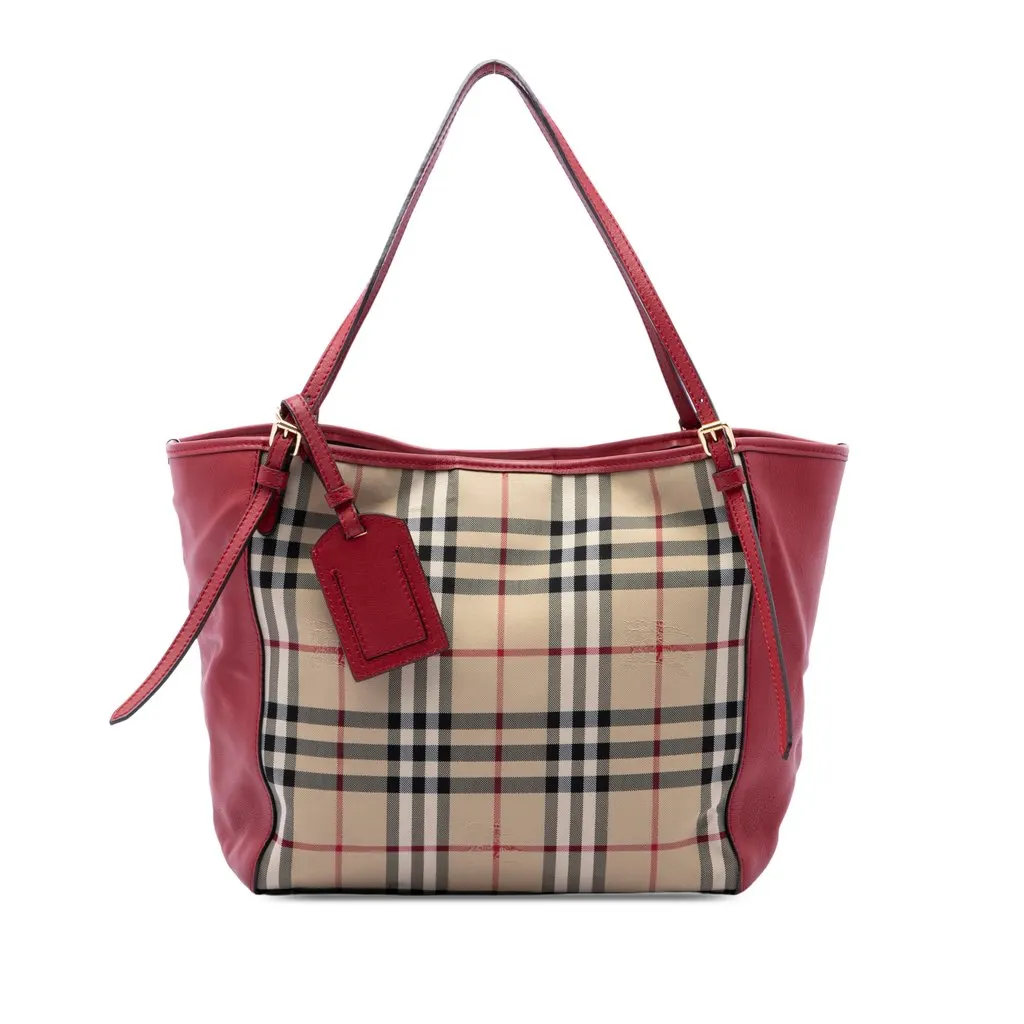 Burberry Small Haymarket Check Nylon and Calfskin Canterbury Tote Beige Polyamide Good - Front View
