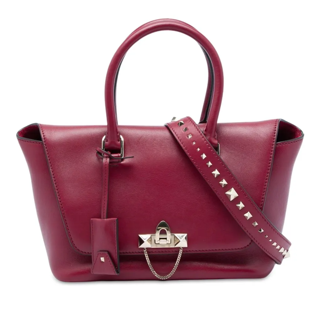Valentino Leather Rockstud Demilune Satchel Red Leather Good - Front View