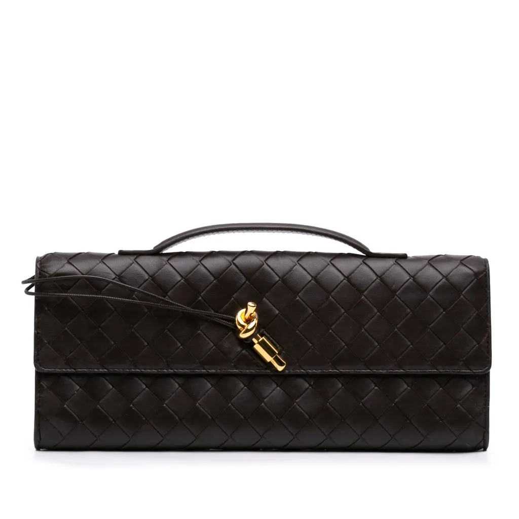 Bottega Veneta Lambskin Intrecciato Andiamo Clutch Brown Leather Very good - Front View