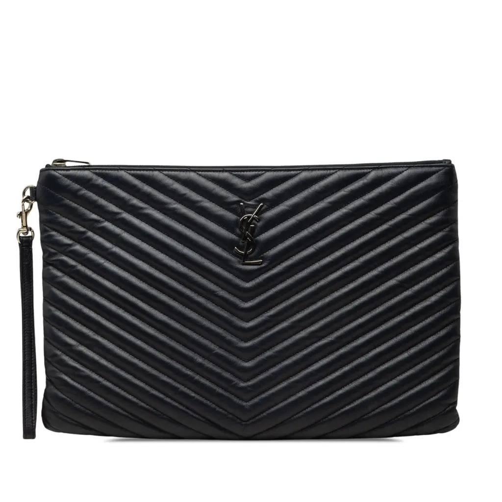 Saint Laurent Leather Chevron Monogram Document Holder Blue Leather Very good - Front View