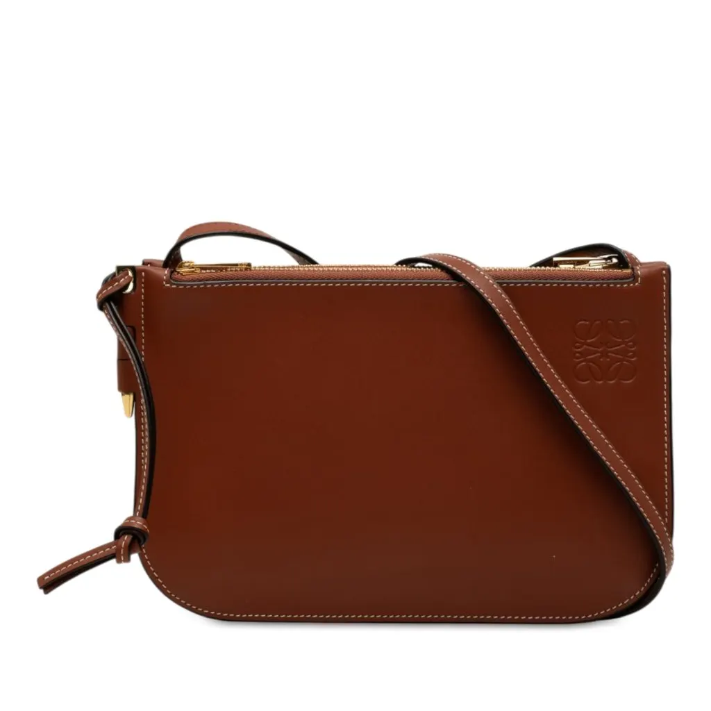 LOEWE Leather Gate Double Zip Pouch Brown Leather Very good - Front View