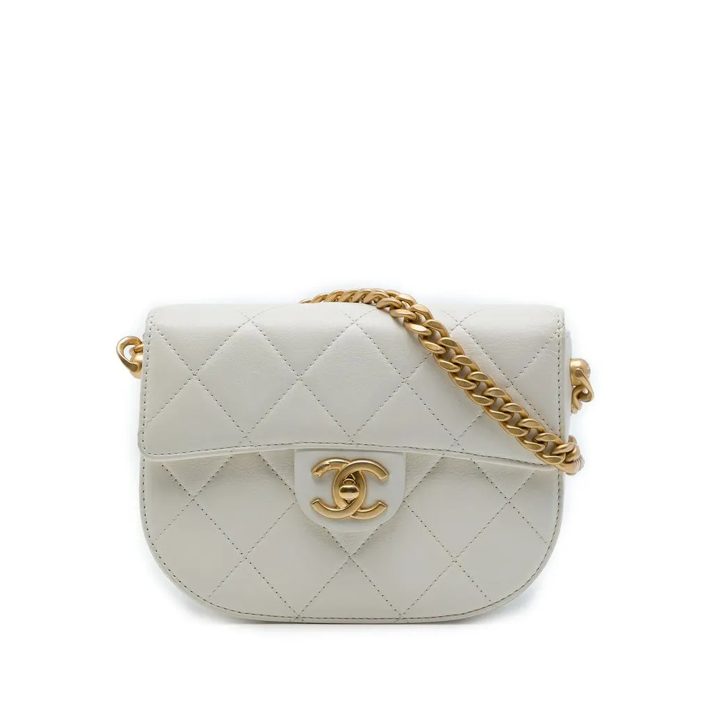 Chanel CC Quilted Calfskin Round Moon Messenger Flap White Leather Good - Front View
