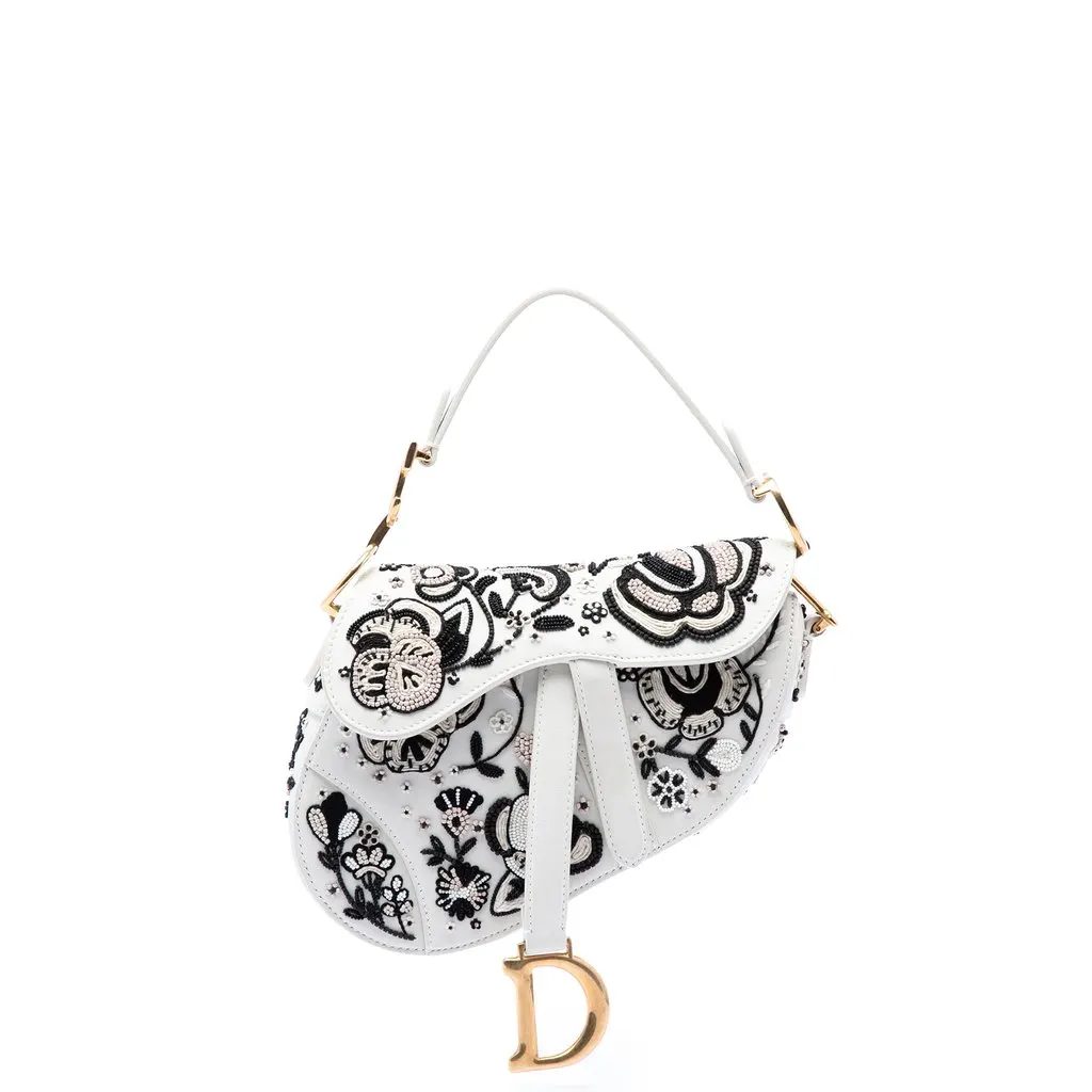 Dior Mini Calfskin Embroidered and Beaded Saddle Bag White Leather Very good - Front View