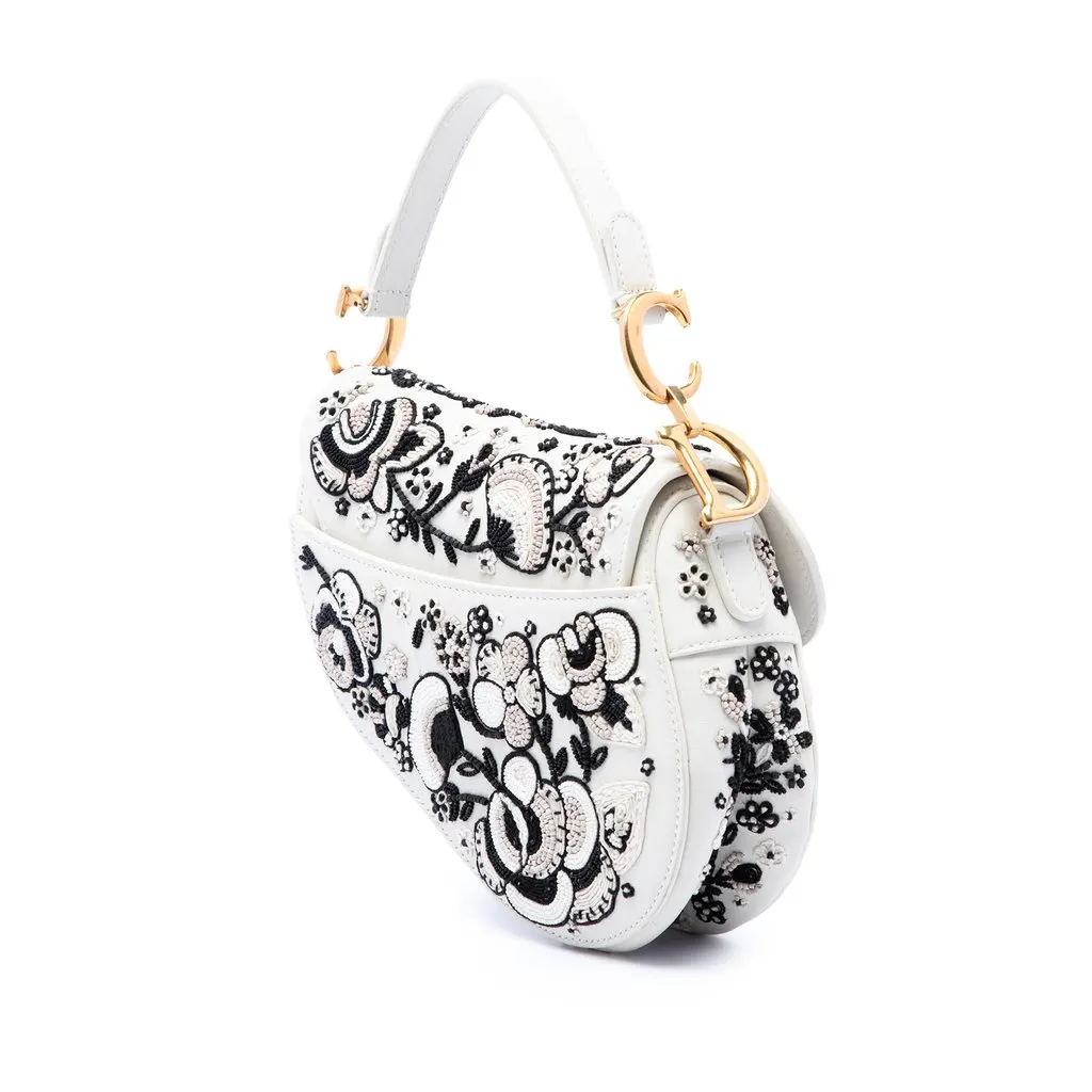 Dior Mini Calfskin Embroidered and Beaded Saddle Bag White Leather Very good - Back View