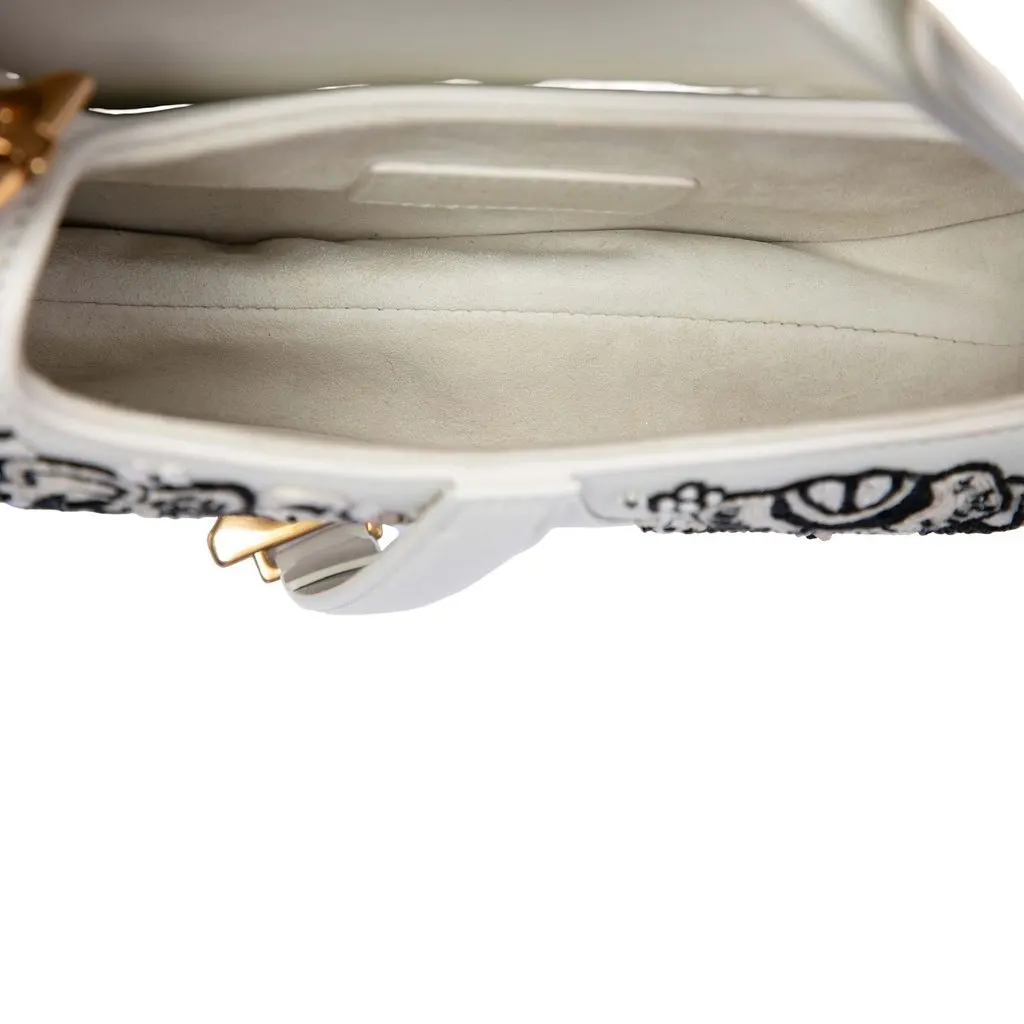 Dior Mini Calfskin Embroidered and Beaded Saddle Bag White Leather Very good - Model View