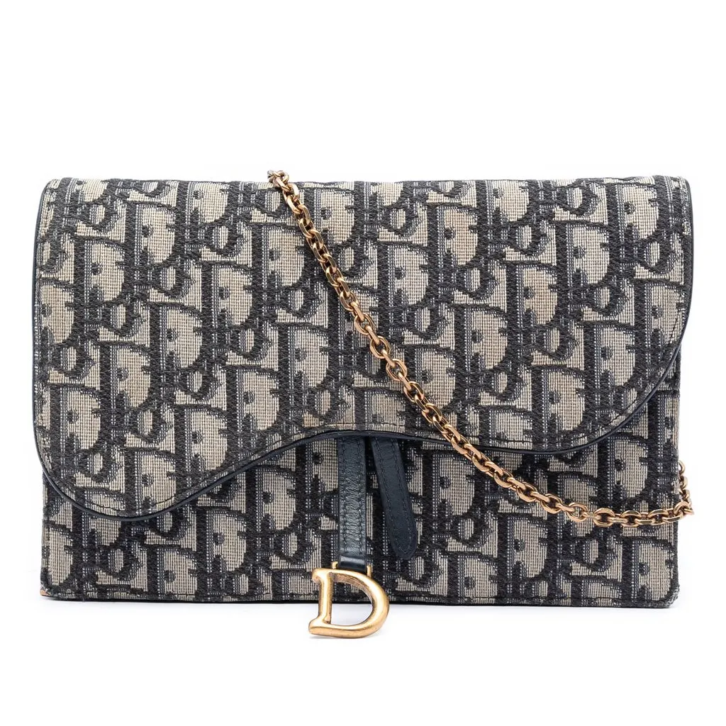 Dior Oblique Canvas Saddle Pouch Wallet on Chain Blue Very good - Front View