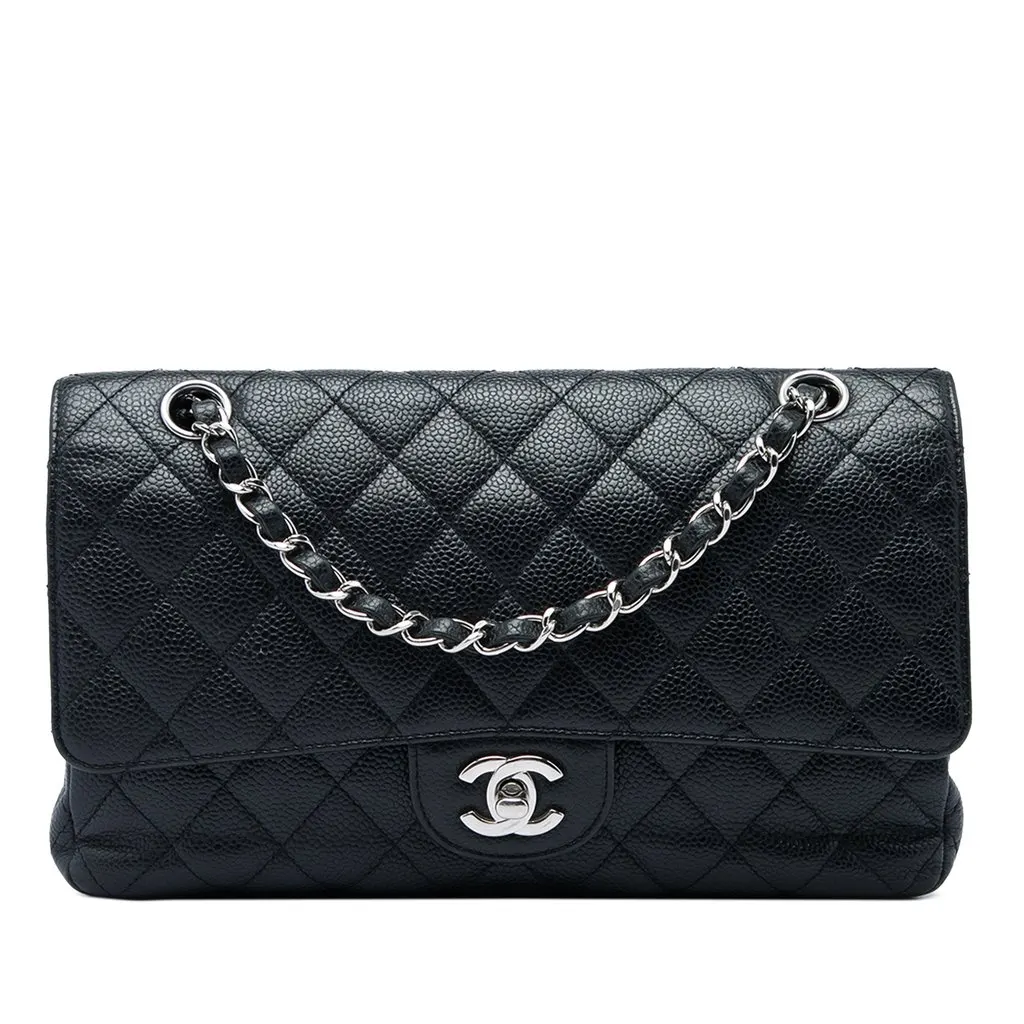 Chanel Medium Classic Caviar Double Flap Black Leather Very good - Front View