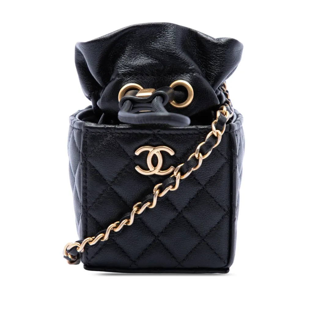 Chanel Mini Quilted Calfskin Drawstring Bucket Bag Black Leather Very good - Front View