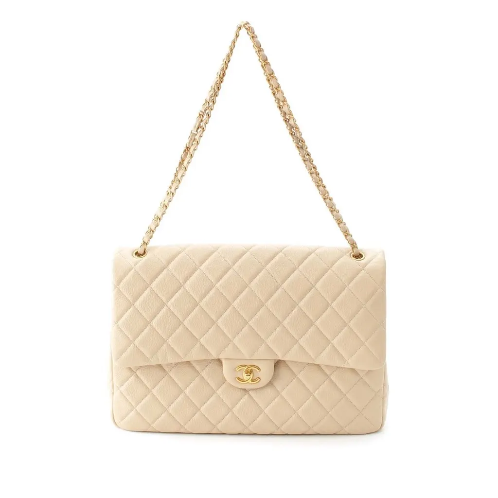Chanel XXL Quilted Lambskin Single Flap Beige Leather Very good - Front View
