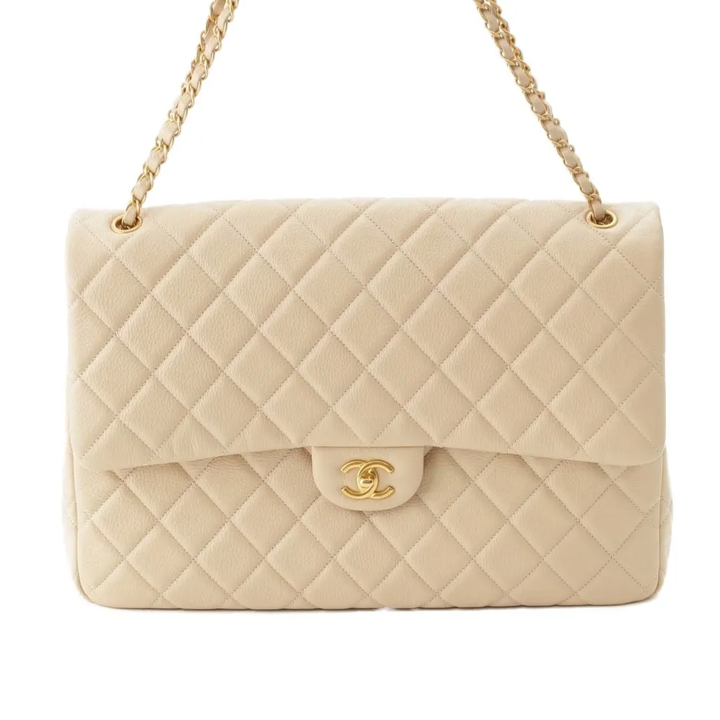 Chanel XXL Quilted Lambskin Single Flap Beige Leather Very good - Back View