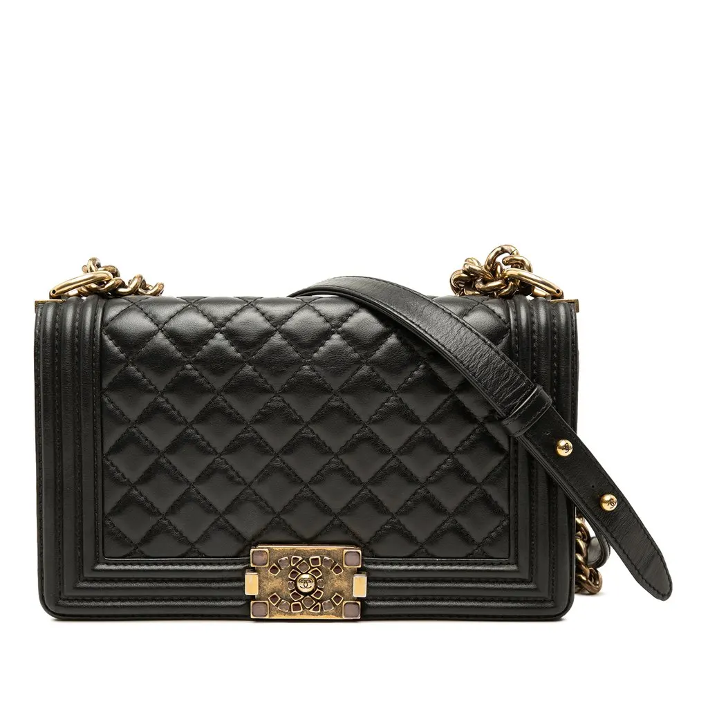 Chanel Old Medium Quilted Lambskin Gripoix Boy Flap Black Leather Very good - Front View