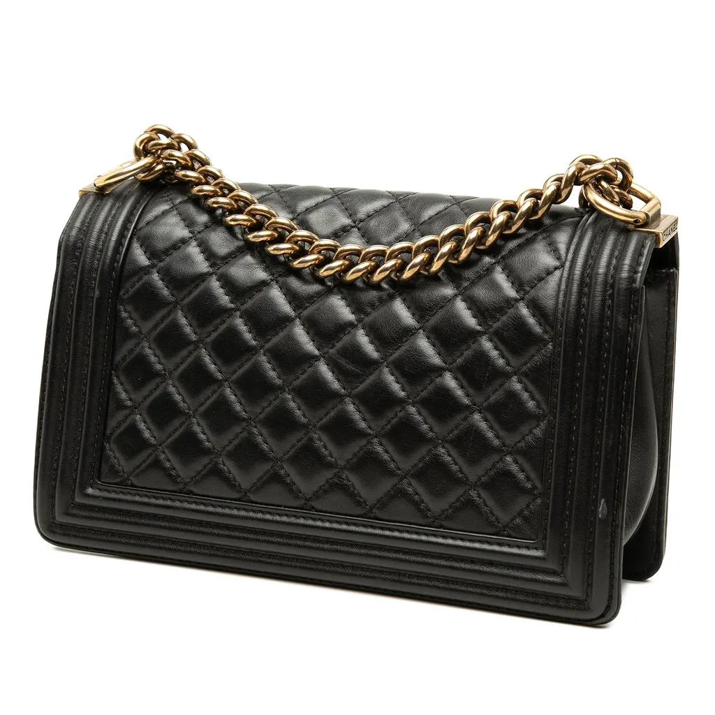 Chanel Old Medium Quilted Lambskin Gripoix Boy Flap Black Leather Very good - Back View