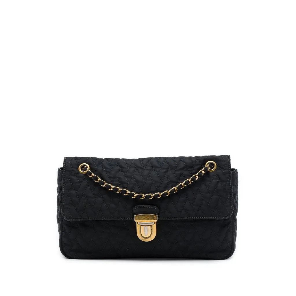 Prada Impuntu Tessuto Chain Flap Shoulder Bag Black Polyamide Good - Front View