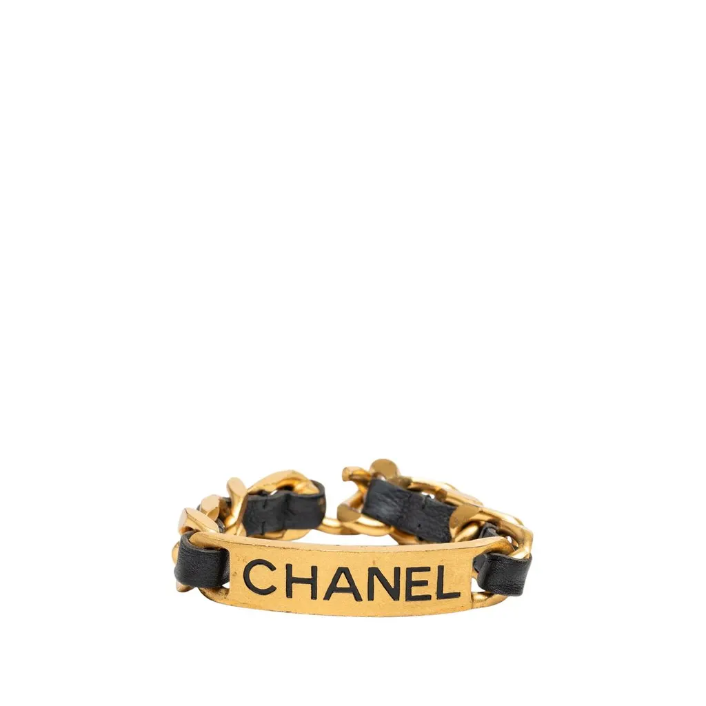Chanel Gold Plated and Calfskin Logo Plate Chain Bracelet Gold Metal Very good - Front View