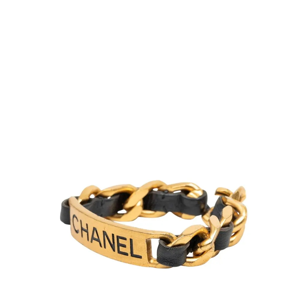 Chanel Gold Plated and Calfskin Logo Plate Chain Bracelet Gold Metal Very good - Back View