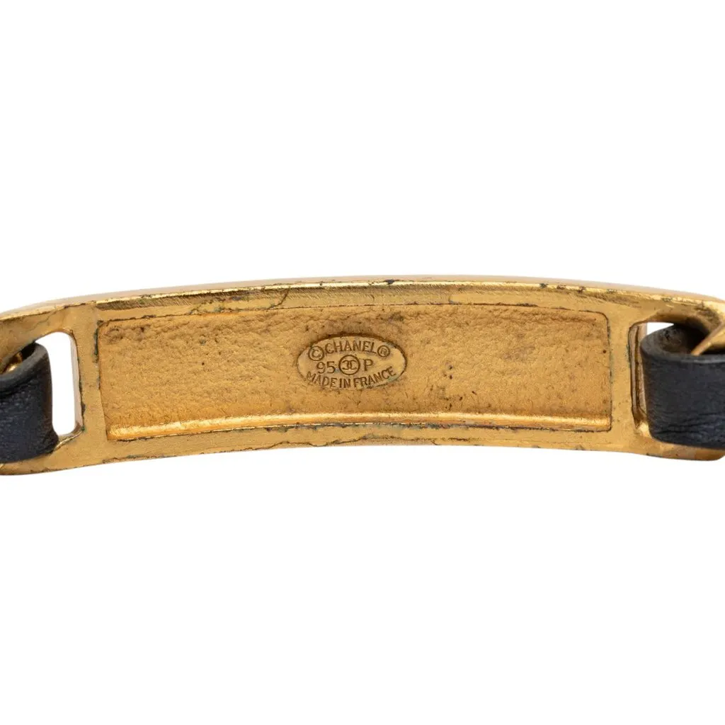 Chanel Gold Plated and Calfskin Logo Plate Chain Bracelet Gold Metal Very good - Model View