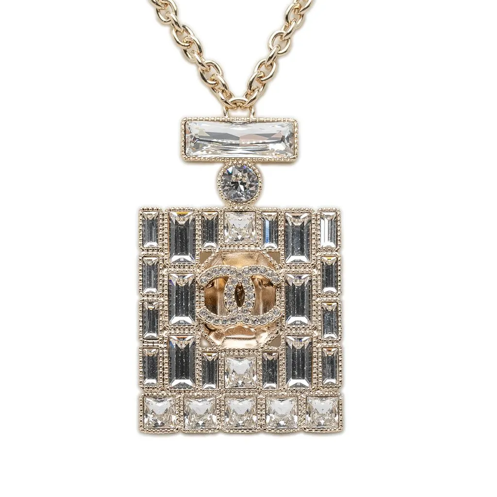 Chanel CC Gold Plated Strass Perfume Bottle Pendant Necklace Gold Metal Very good - Back View
