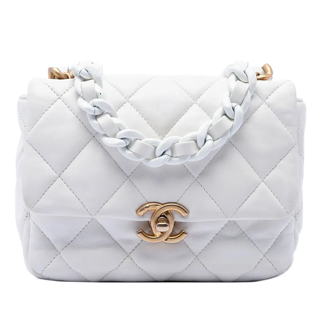 Chanel Mini Quilted Lambskin Lacquered Chain Flap White Leather Very good - Front View