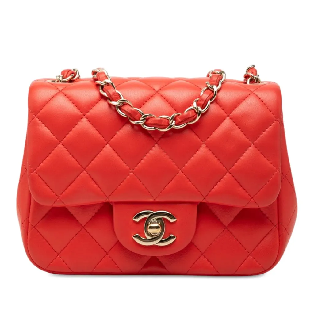 Chanel Mini Square Classic Lambskin Single Flap Orange Leather Good - Front View