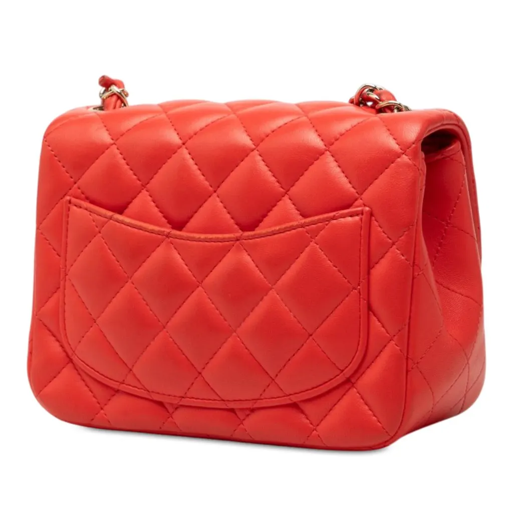 Chanel Mini Square Classic Lambskin Single Flap Orange Leather Good - Back View