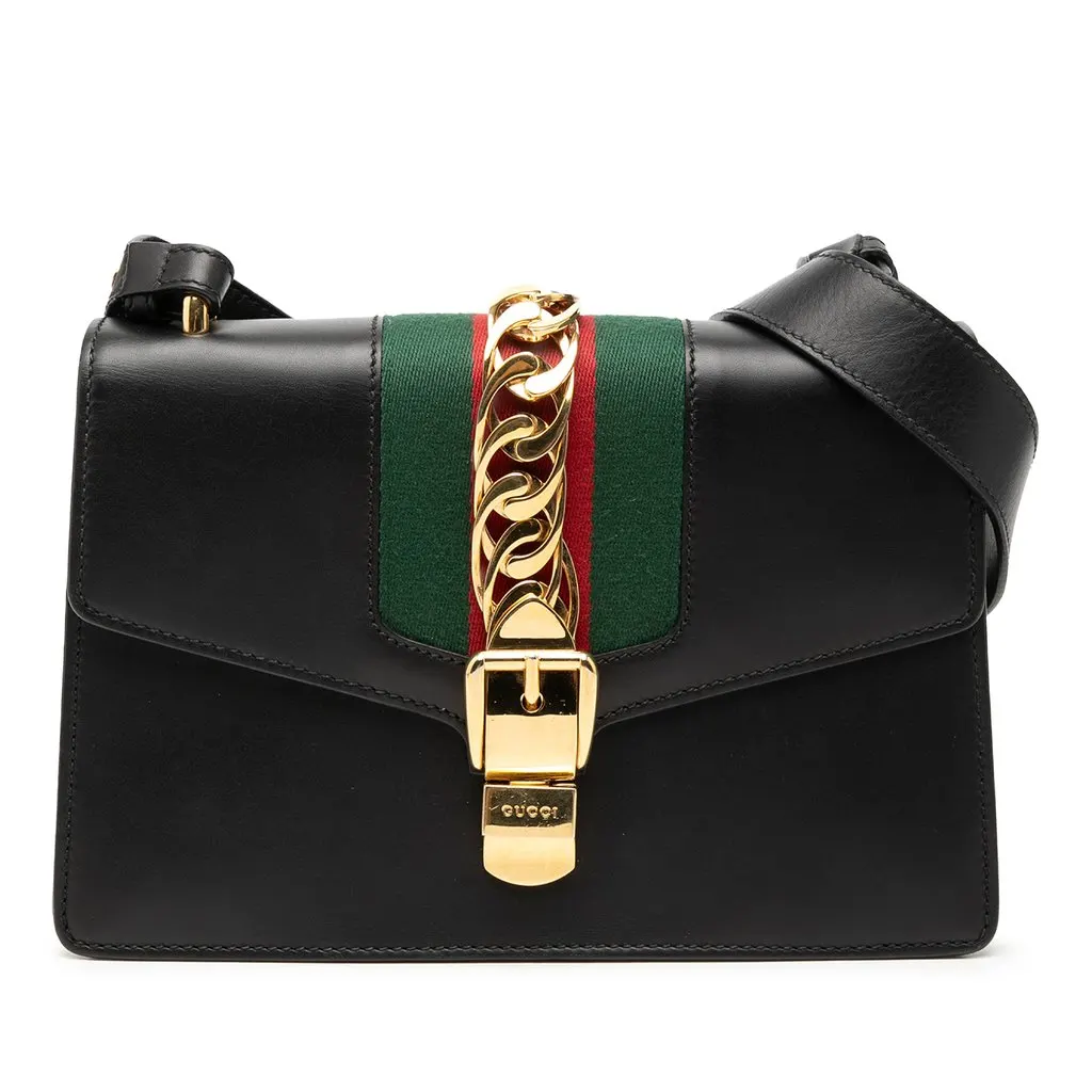 Gucci Small Calfskin Web Sylvie Satchel Black Leather Very good - Front View