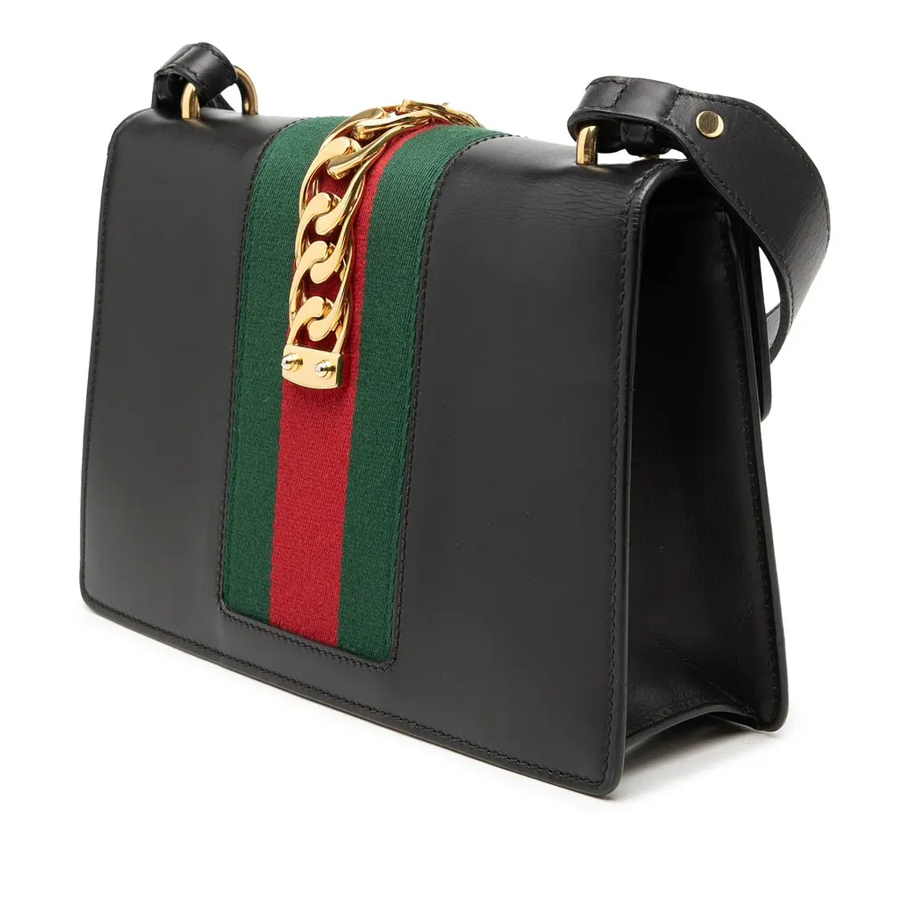 Gucci Small Calfskin Web Sylvie Satchel Black Leather Very good - Back View