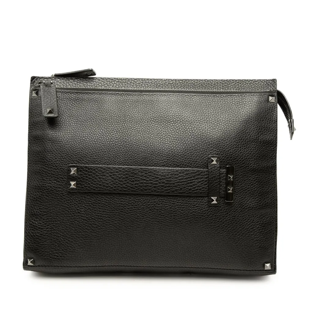 Valentino Grained Calfskin Rockstud Clutch Black Leather Very good - Front View