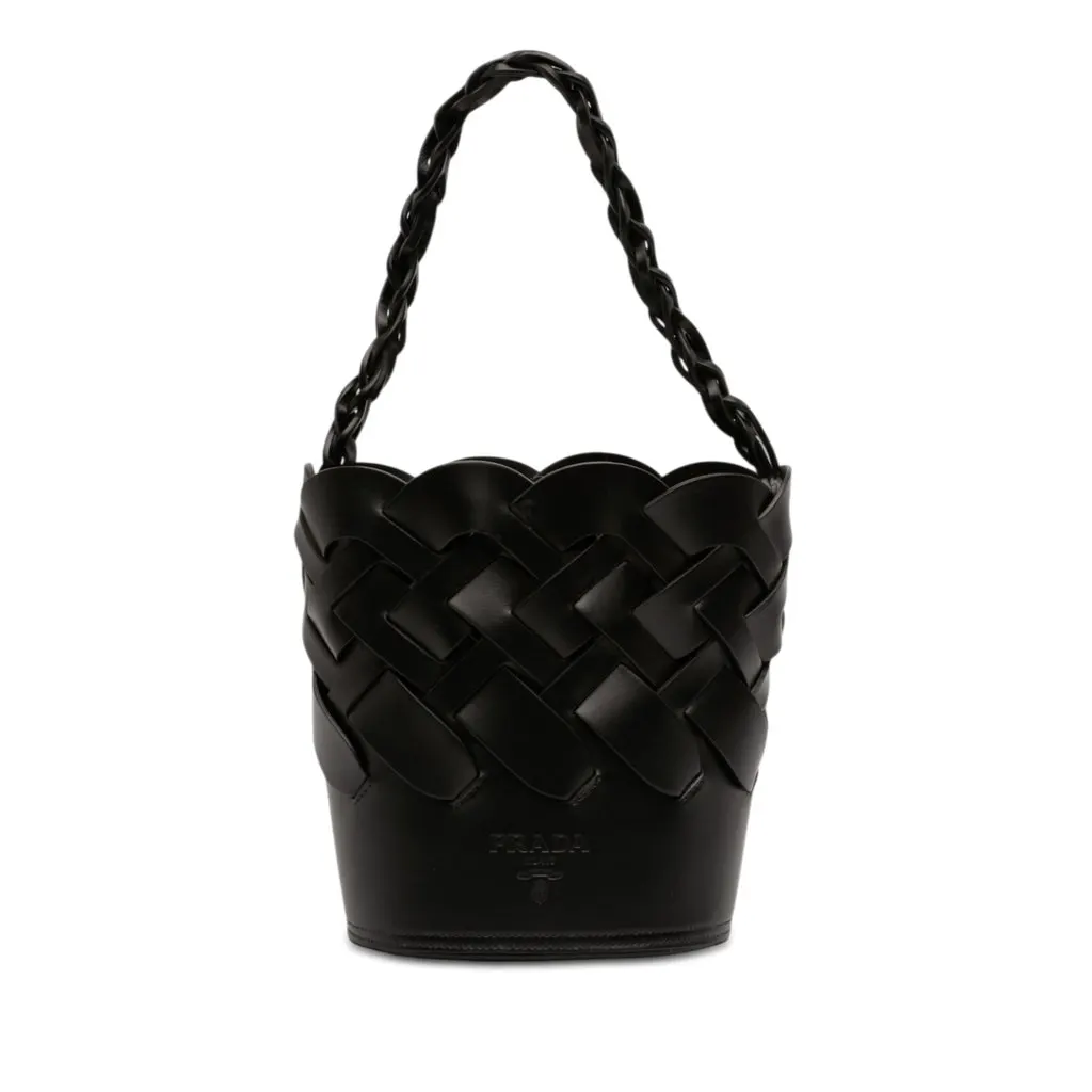 Prada Vitello Intreccio Tress Bucket Bag Black Leather Very good - Front View