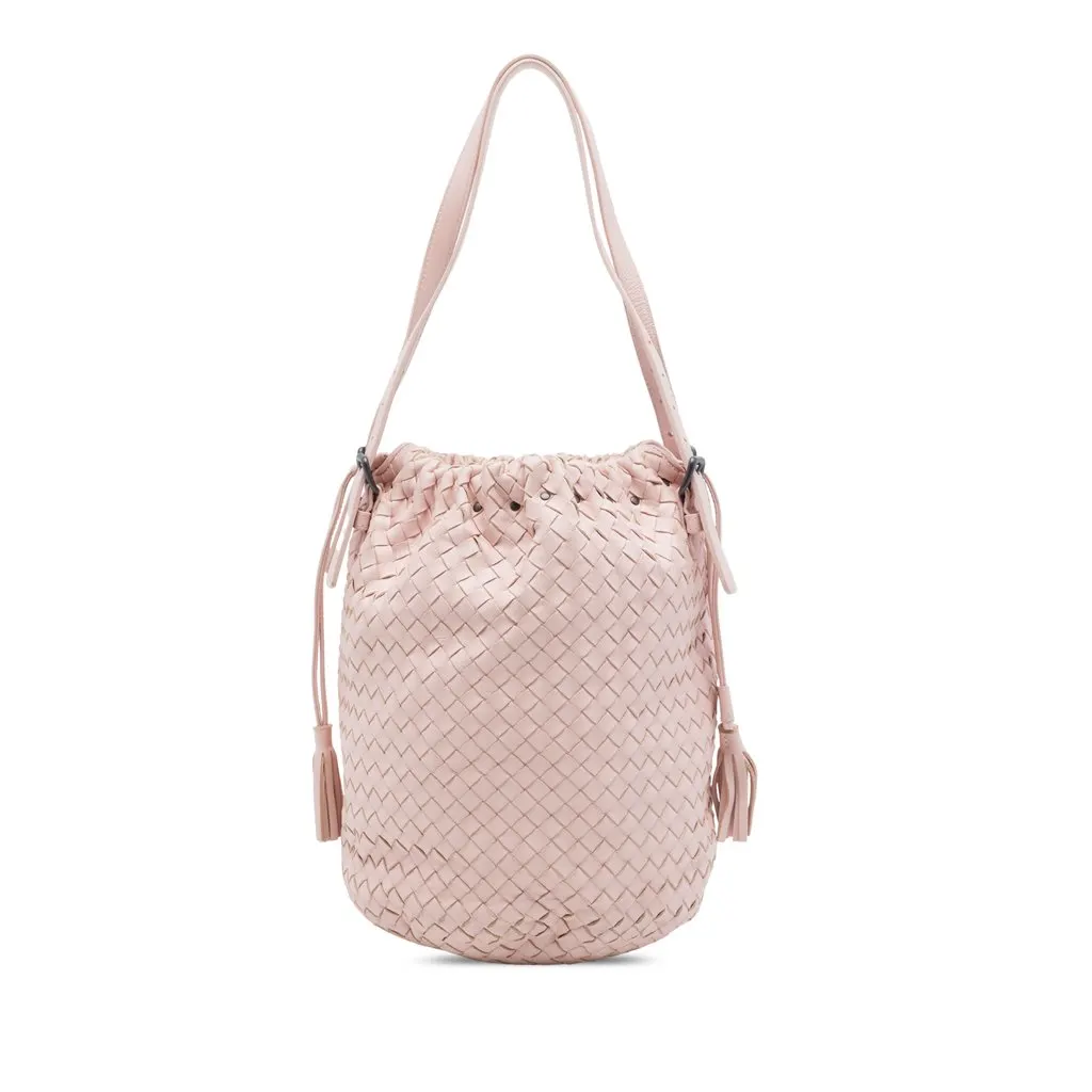 Bottega Veneta Nappa Intrecciato Drawstring Bucket Bag Pink Leather Good - Front View