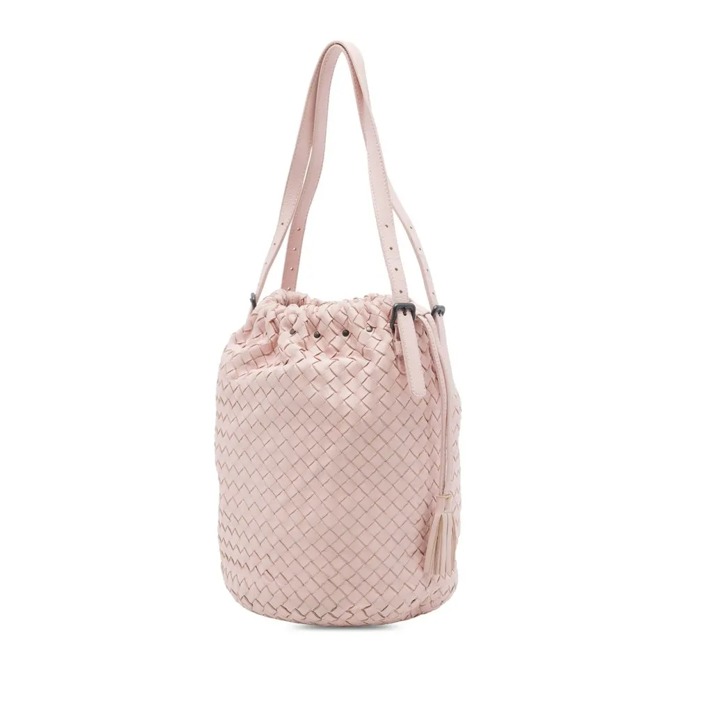 Bottega Veneta Nappa Intrecciato Drawstring Bucket Bag Pink Leather Good - Back View