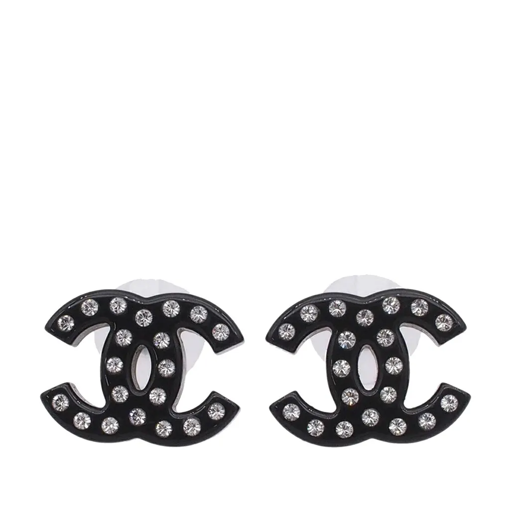 Chanel CC Resin and Strass Bullet Backs Earrings Black Plastic Very good - Front View
