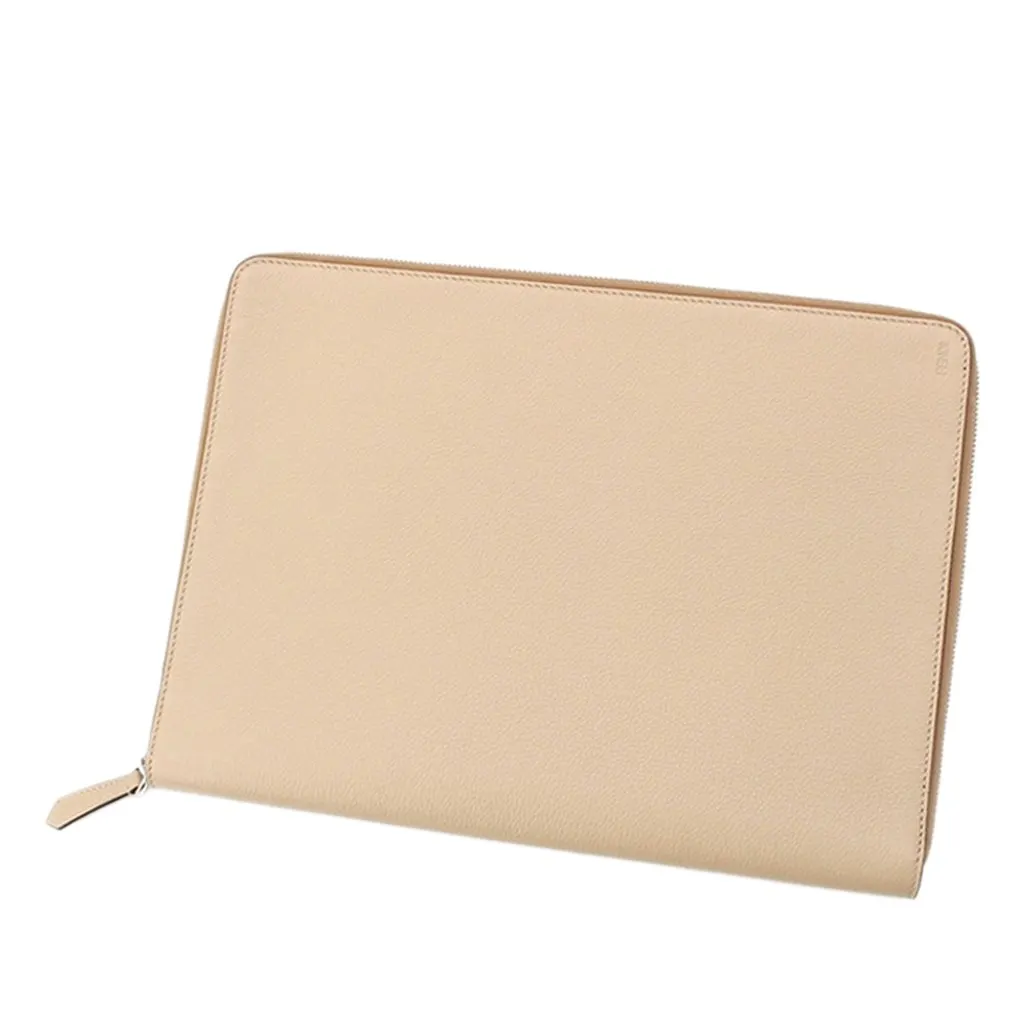 Fendi Leather Document Holder Zip Pouch Beige Leather Very good - Back View