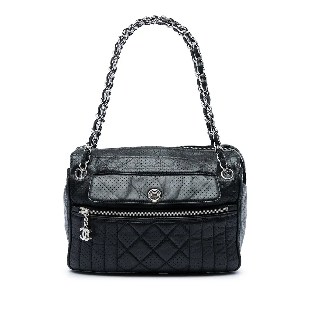 Chanel Perforated Calfskin 50s Shoulder Bag Black Leather Very good - Front View