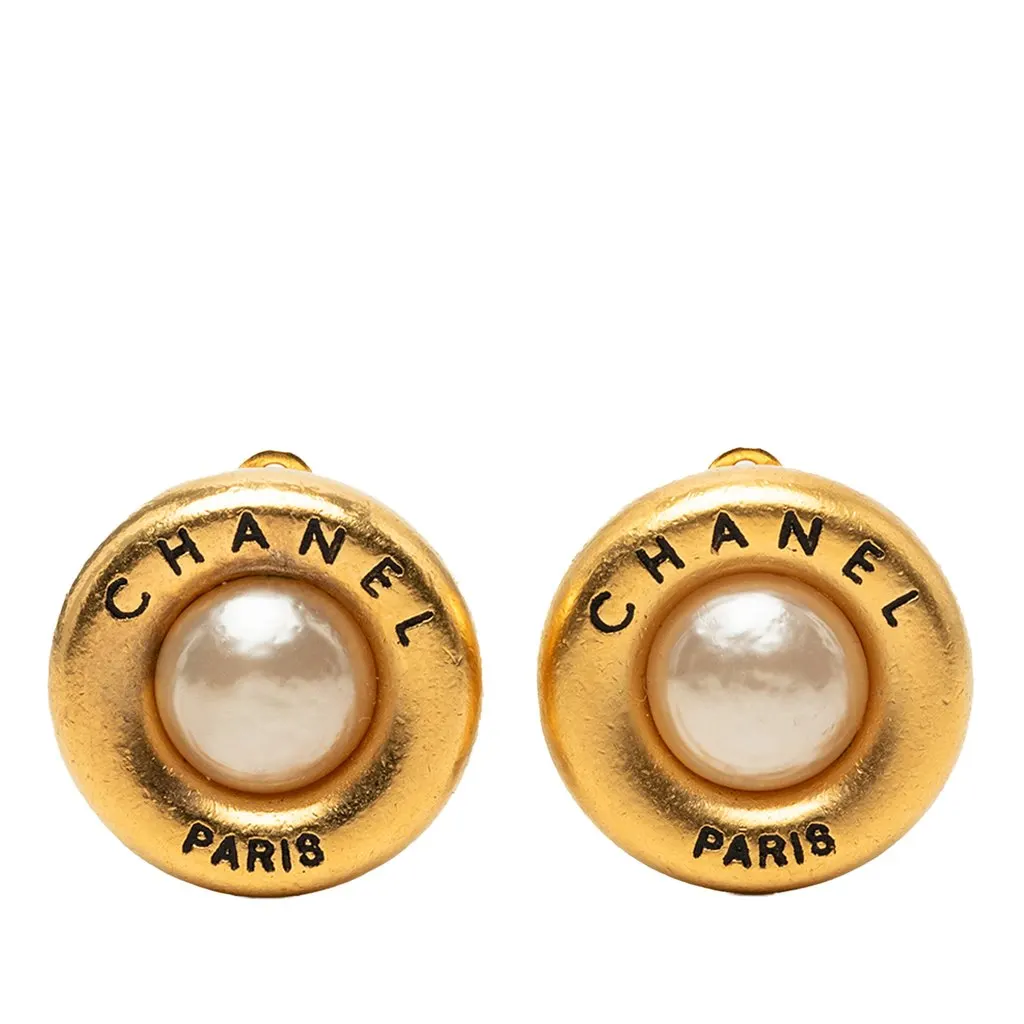 Chanel Gold Plated Faux Pearl Round Clip On Earrings Gold Metal Very good - Front View