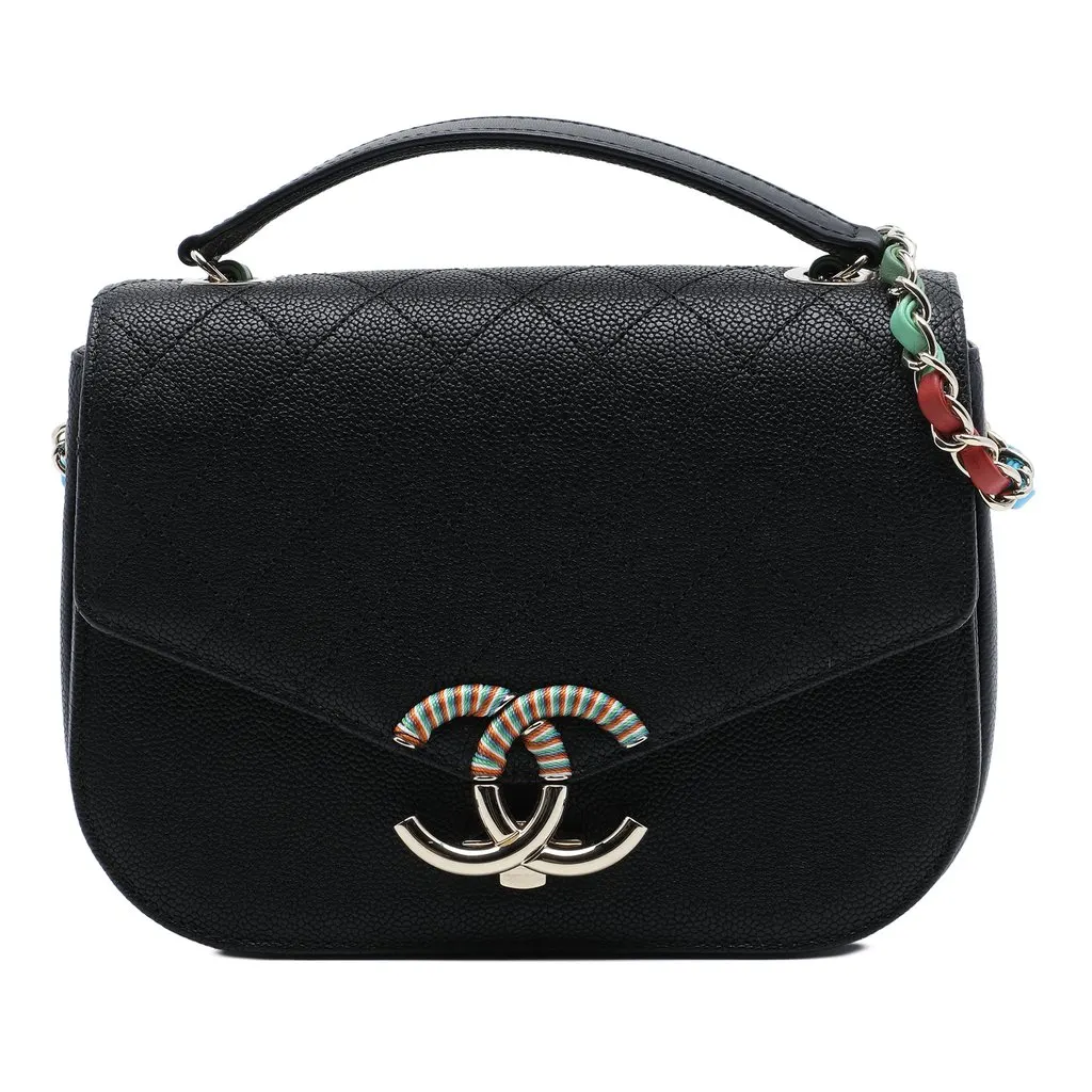 Chanel Paris Cuba Medium Quilted Caviar Thread Around Flap Black Leather Very good - Front View