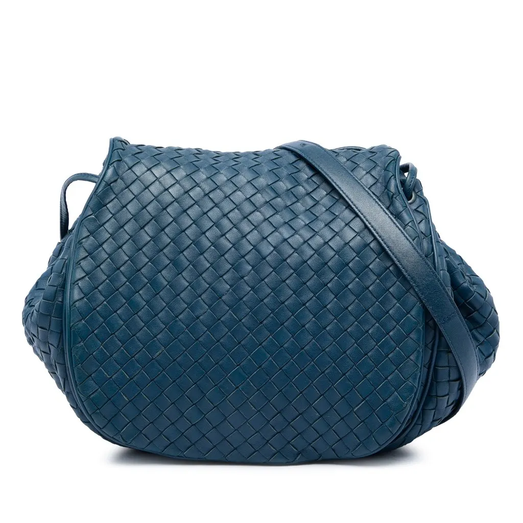 Bottega Veneta Nappa Intrecciato Flap Crossbody Blue Leather Very good - Front View