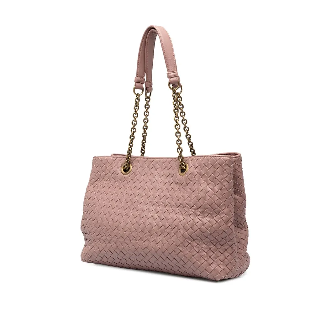 Bottega Veneta Medium Nappa Intrecciato Double Chain Tote Pink Leather Very good - Back View