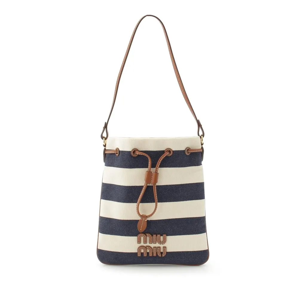 Miu Miu Striped Canvas Logo Drawstring Handbag