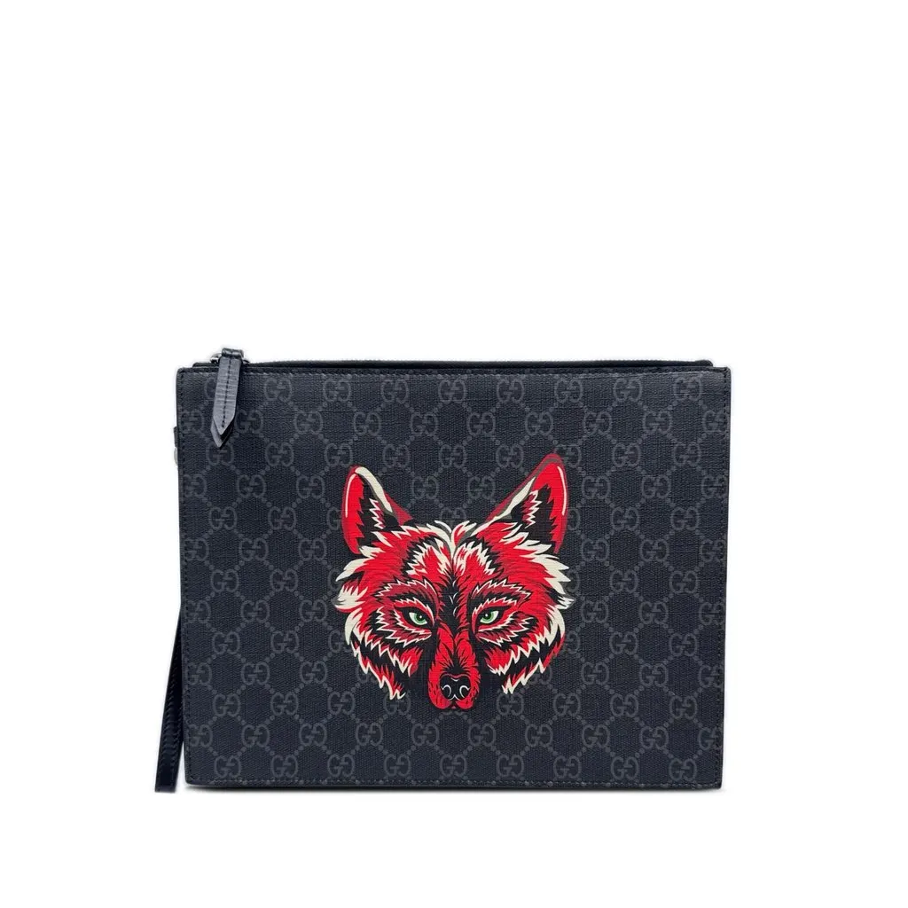 Gucci GG Supreme Wolf Clutch Black Canvas Very good - Front View