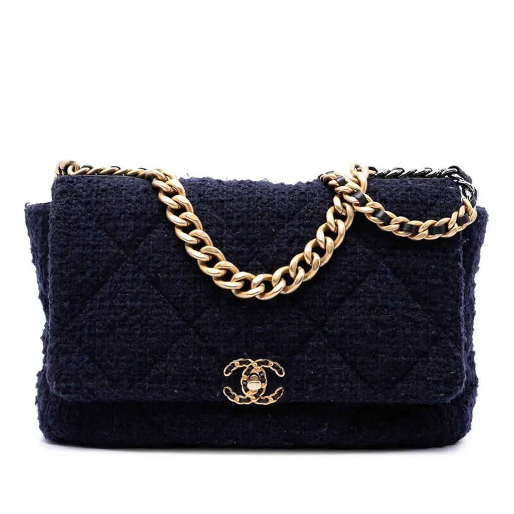 Chanel Maxi Tweed 19 Flap Blue Tweed Very good - Front View