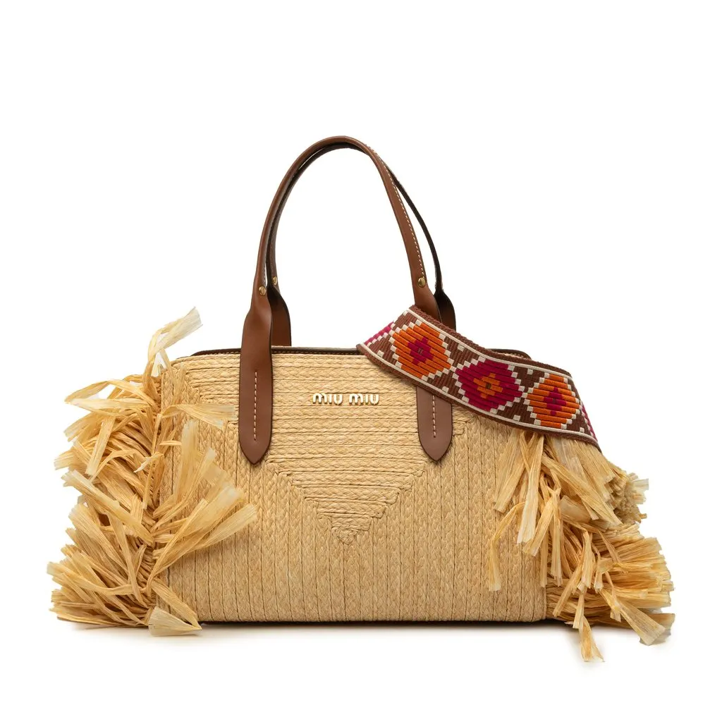 Miu Miu Raffia Straw Fringe Satchel Beige Very good - Front View