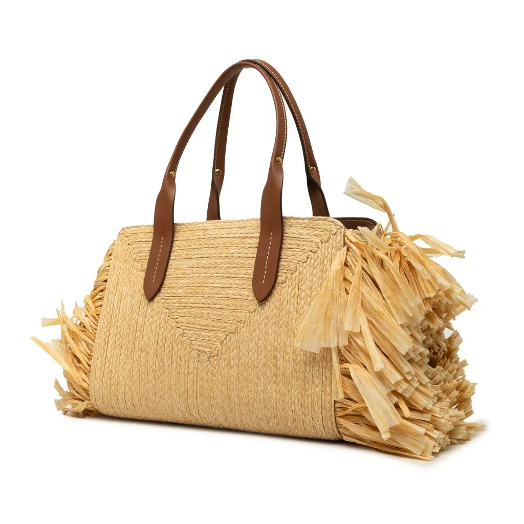 Miu Miu Raffia Straw Fringe Satchel Beige Very good - Back View