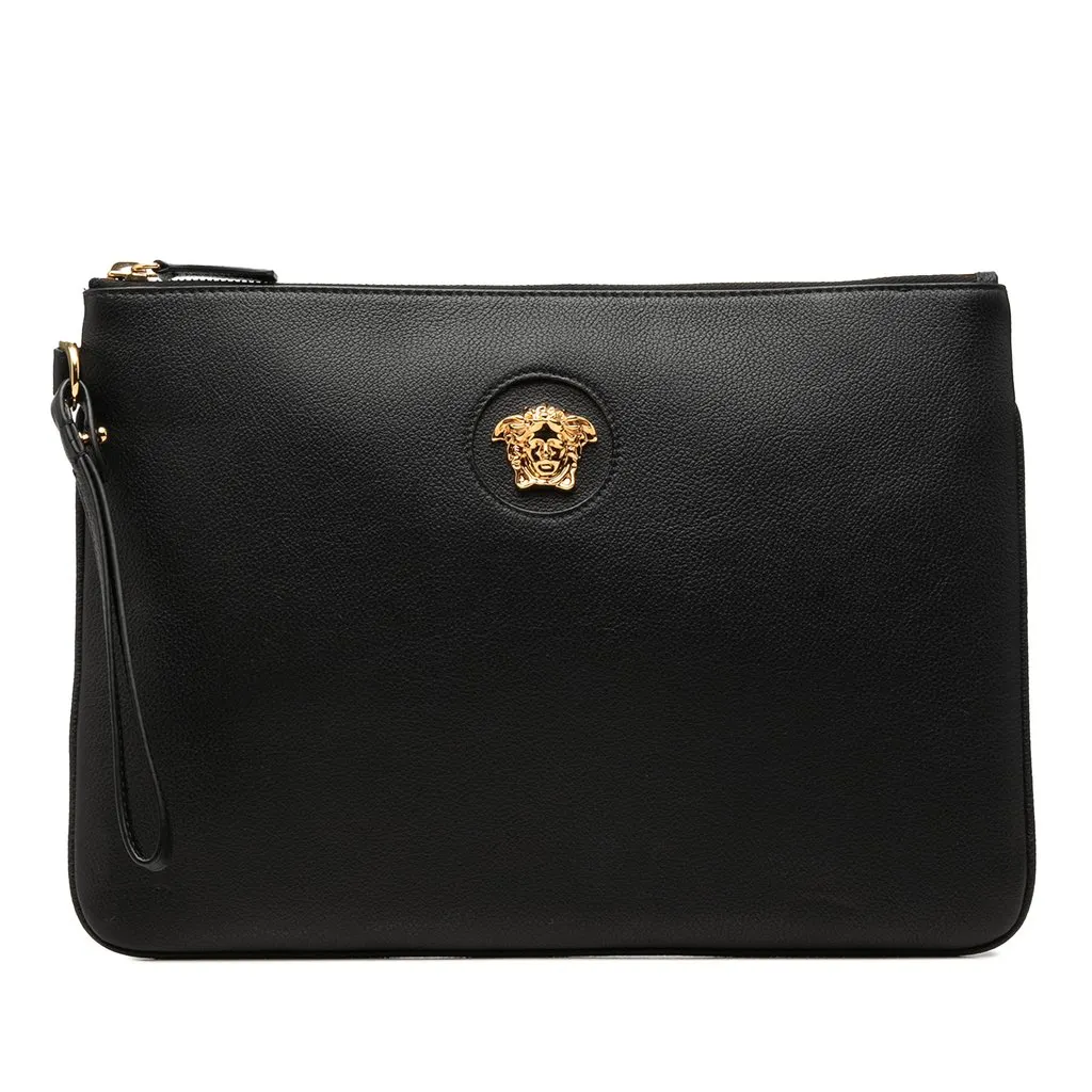 Versace Leather Medusa Wristlet Clutch Black Leather Very good - Front View