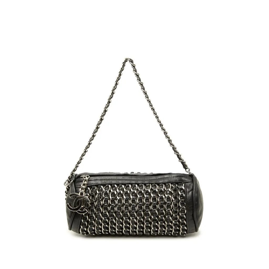 Chanel CC Lambskin Chain Link Barrel Bag Black Leather Good - Front View