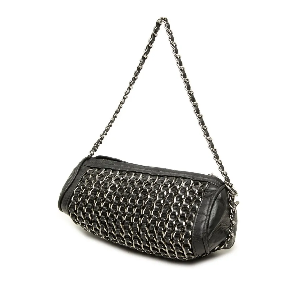 Chanel CC Lambskin Chain Link Barrel Bag Black Leather Good - Back View