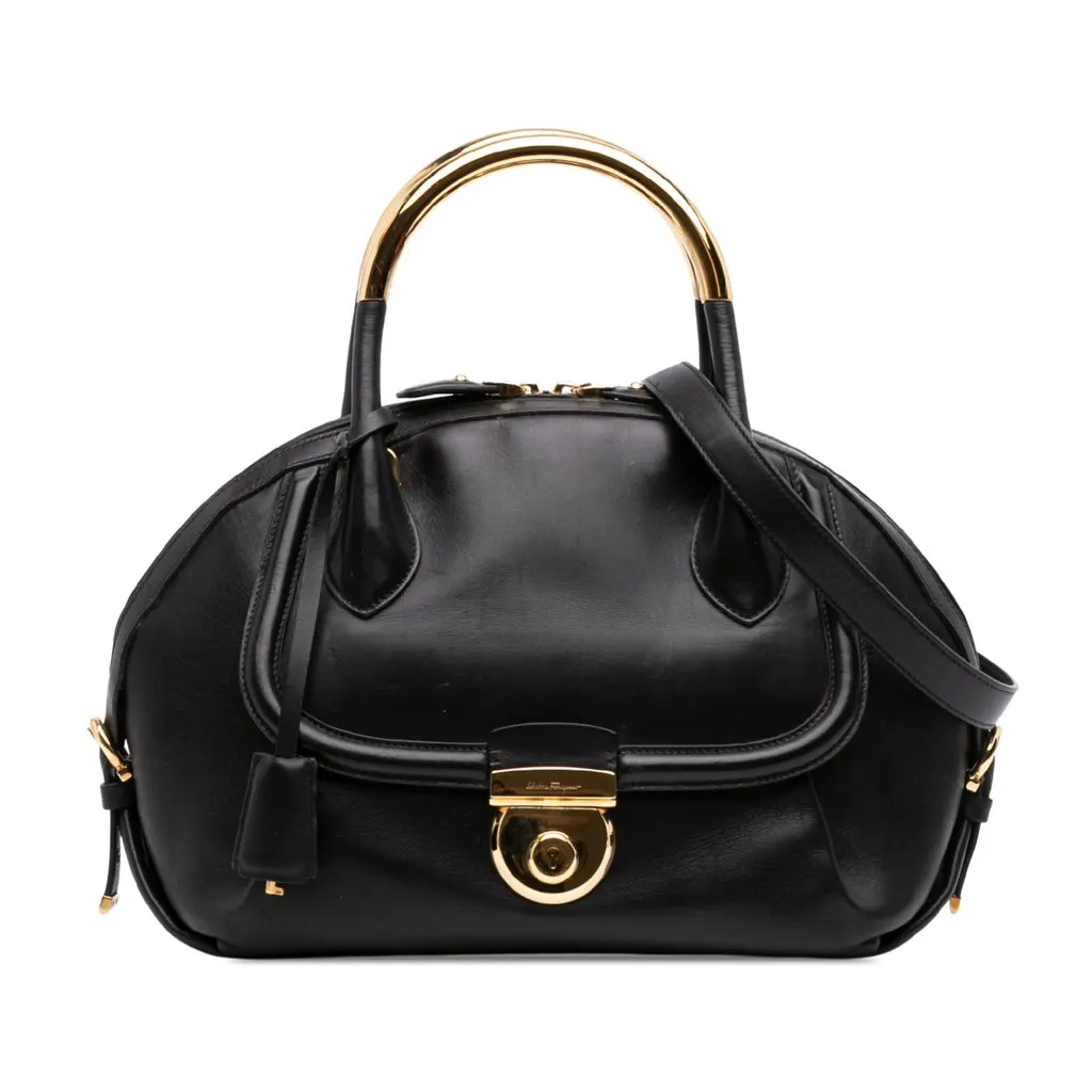 Ferragamo Leather Fiamma Satchel Black Leather Very good - Front View