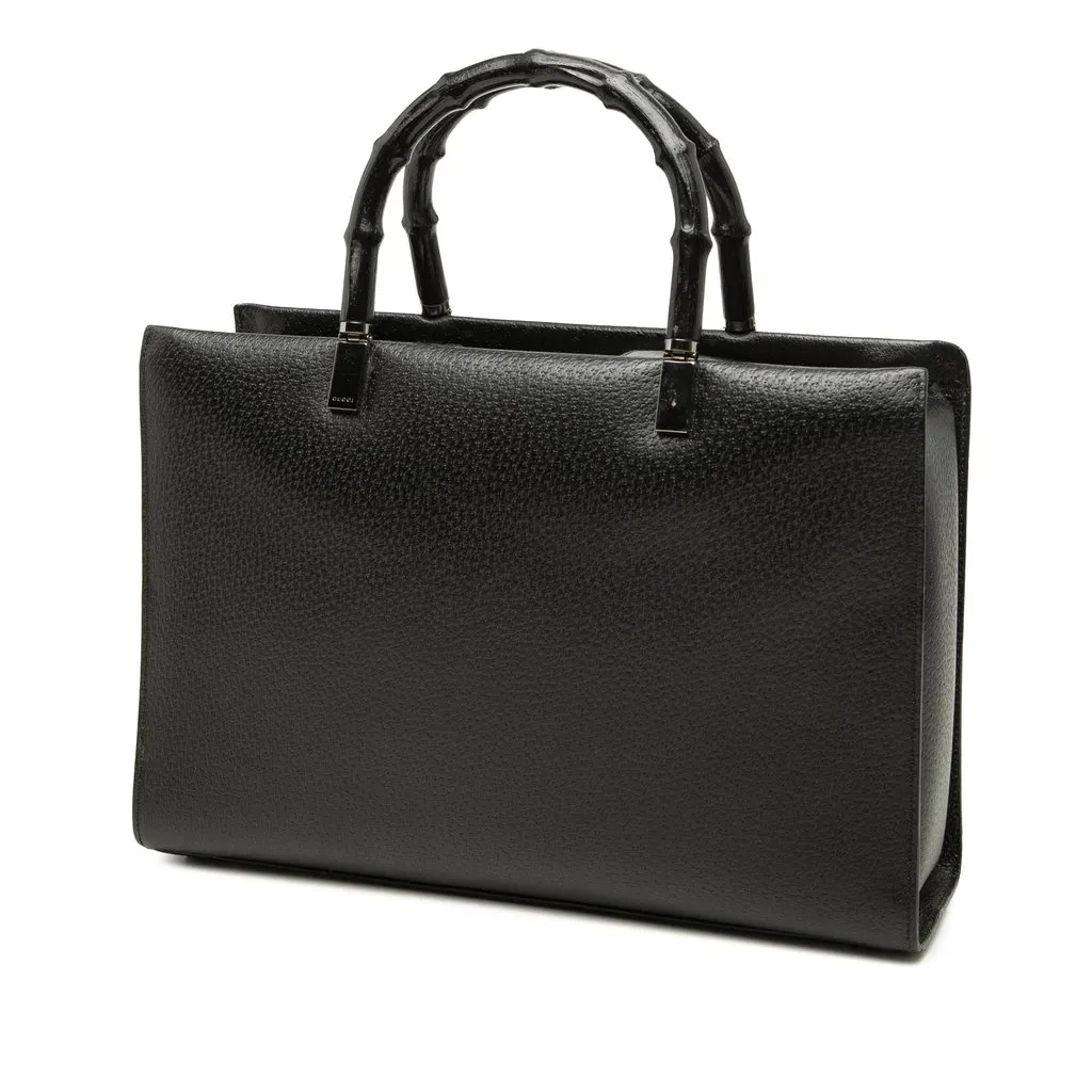 Gucci Grained Calfskin Bamboo Handbag Black Leather Good - Back View