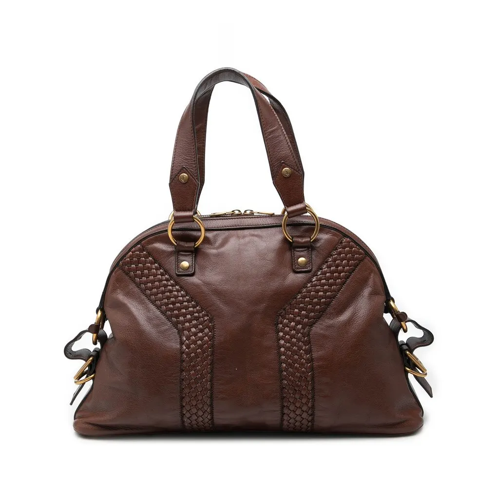 Saint Laurent Large Woven Trimmed Leather Muse Handbag Brown Leather Good - Front View