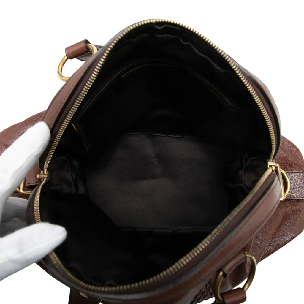 Saint Laurent Large Woven Trimmed Leather Muse Handbag Brown Leather Good - Model View