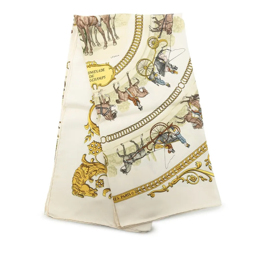 Hermès La Promenade de Longchamps Silk Scarf 90 Beige Silk Very good - Front View